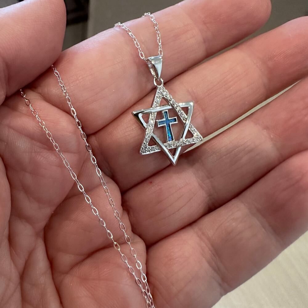 Star of David & Cross CZ Lab Opal Sterling Silver Necklace - Picture 5 of 5